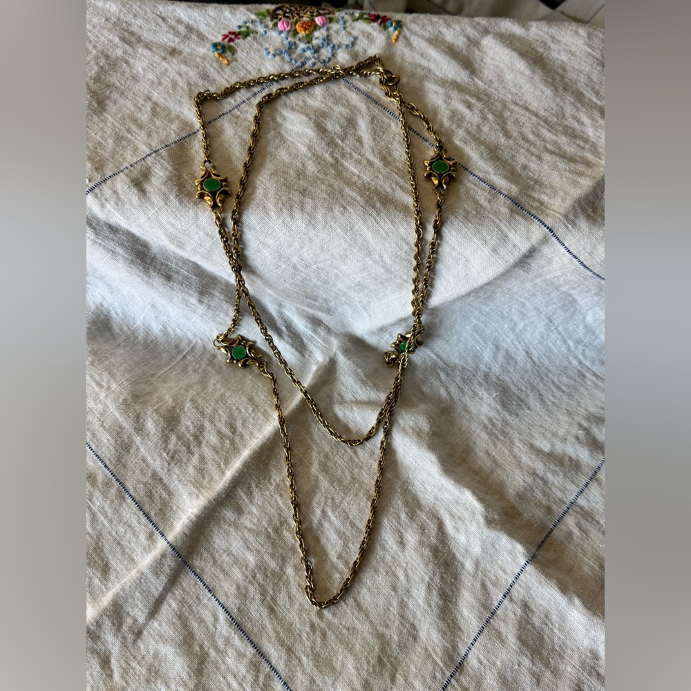 Vintage Gold with Green Enamel Byzantine Long Necklace
